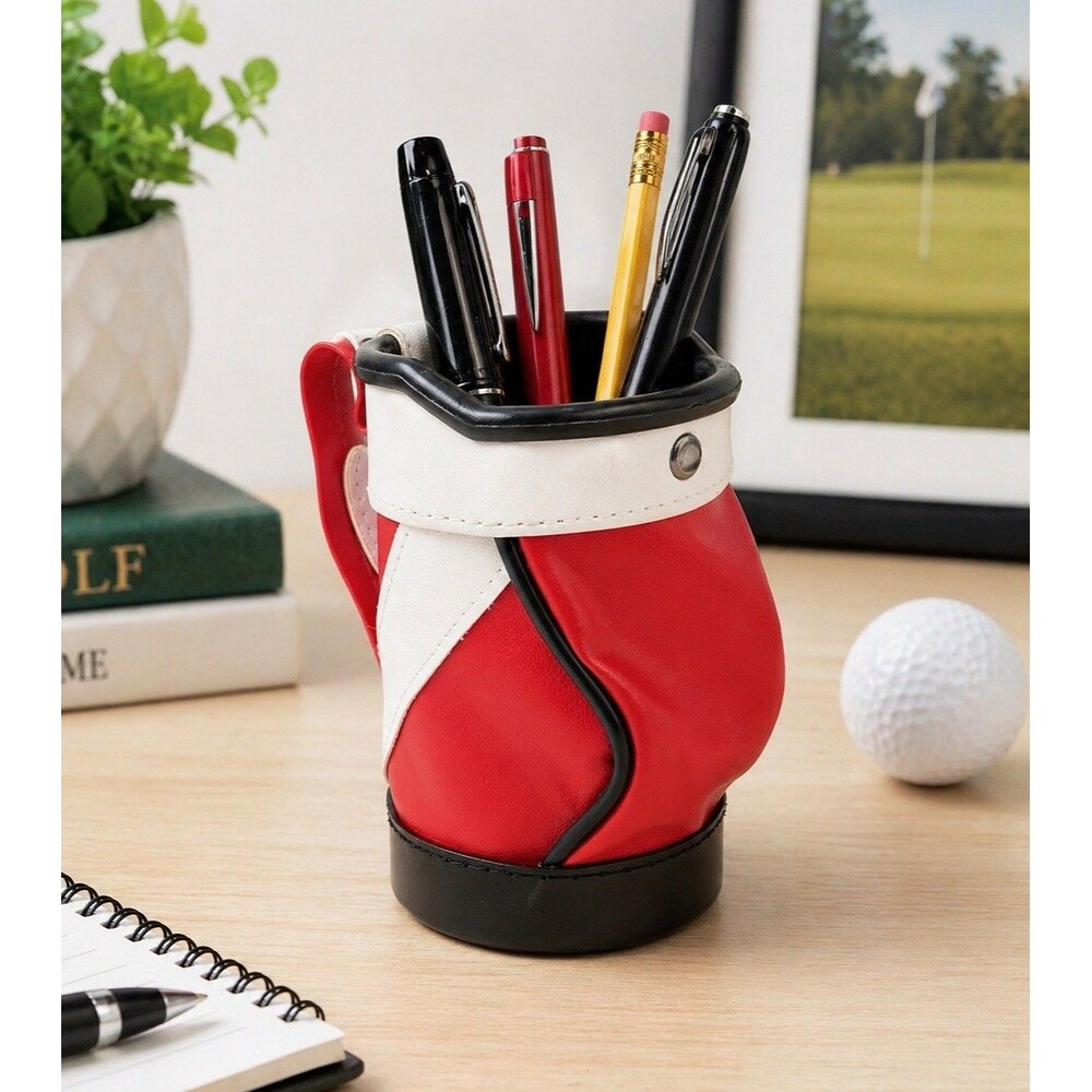Mini Golf Bag Pen Pencil Holder Red White Desk Decor Cup Koozie Caddy Gift 5"